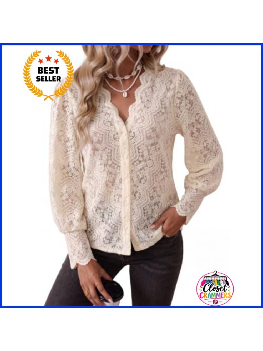 Lace Button Down Blouse Long Sleeve V-Neck Dressy Casual Top